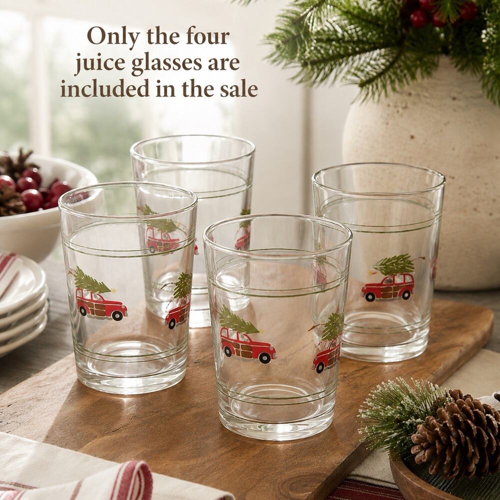 Pottery Barn Christmas Woody Car Juice Glasses Set of 4 Holiday Glassware